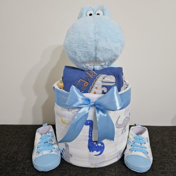 1 Tier Blue Dino Diaper Cake Baby Gift v2