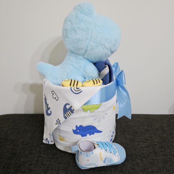 1 Tier Blue Dino Diaper Cake Baby Gift v2