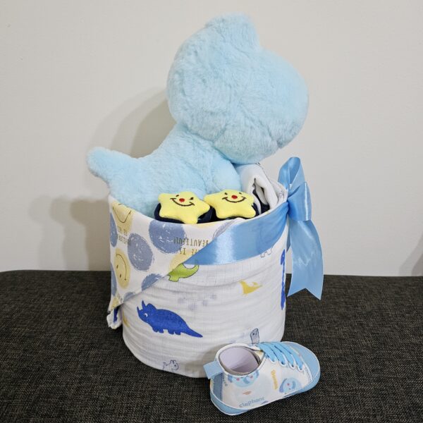 1 Tier Blue Dino Diaper Cake Baby Gift v2